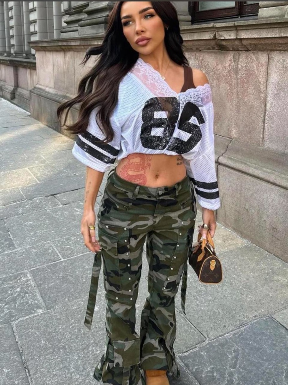 Fashion Nova White Cropped Mesh Jersey with Black Number 85